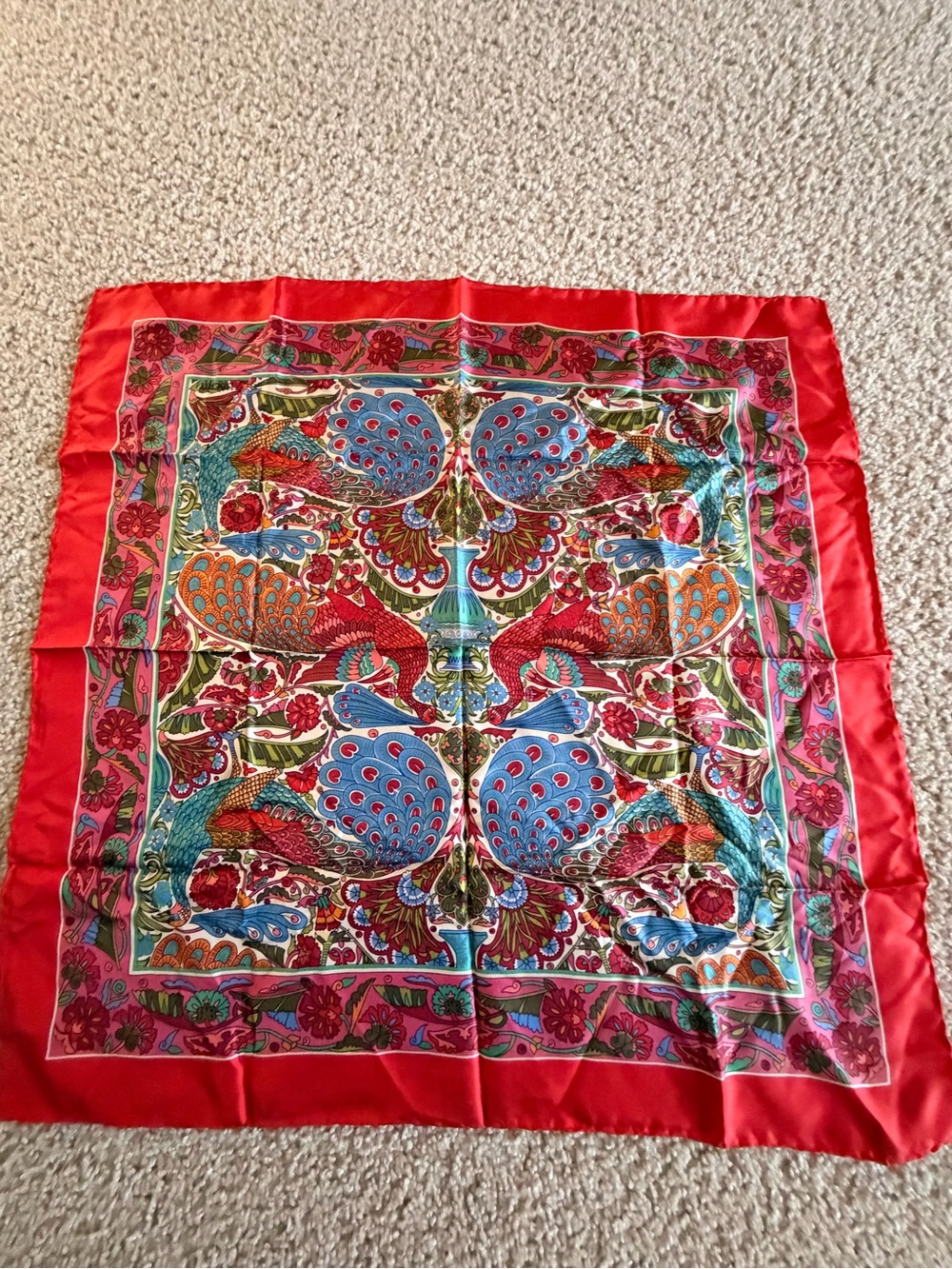liberty Red Multicolor Peacock Print Silk Scarf